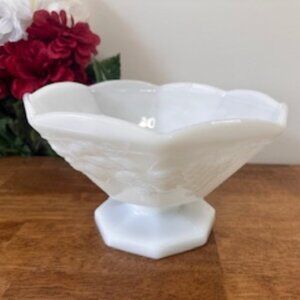 Vintage Milk Glass Pedestal Bowl Octagonal Scalloped Rim Grape Leaf Fruit Design